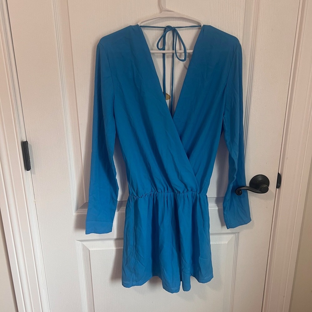 Three Eighty Two Blue Long Sleeve Wrap Romper Open Back Tie Cerulean XS NEW